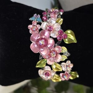 Vintage Silver Enamel Floral with Butterfly Clamper Hinge Bracelet